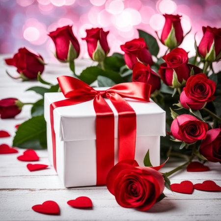 A white gift box with a red bow is framed by red roses and bokeh. Happy Valentine's Day, Mother's Day, 8 March, and Women's Dayの素材