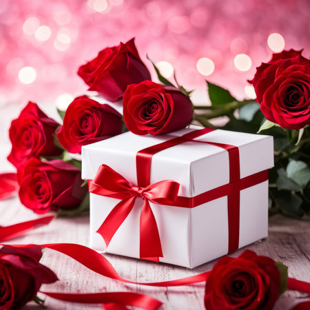 A white gift box with a red bow is framed by red roses and bokeh. Happy Valentine's Day, Mother's Day, 8 March, and Women's Dayの素材