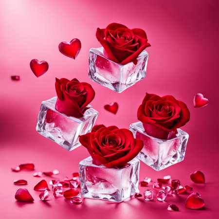 The falling ice cubes are surrounded by red rose petals and hearts on a light pink backgroundの素材