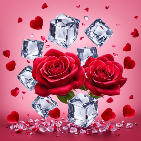 The falling ice cubes are surrounded by red rose petals and hearts on a light pink backgroundの素材