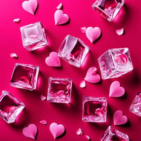 The falling ice cubes are surrounded by red rose petals and hearts on a light pink backgroundの素材
