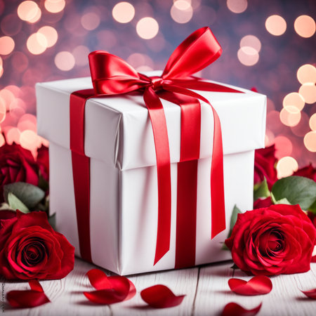 A white gift box with a red bow is framed by red roses and bokeh. Happy Valentine's Day, Mother's Day, 8 March, and Women's Dayの素材