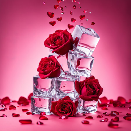 The falling ice cubes are surrounded by red rose petals and hearts on a light pink backgroundの素材