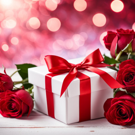 A white gift box with a red bow is framed by red roses and bokeh. Happy Valentine's Day, Mother's Day, 8 March, and Women's Dayの素材