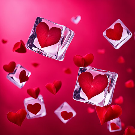 The falling ice cubes are surrounded by red rose petals and hearts on a light pink backgroundの素材