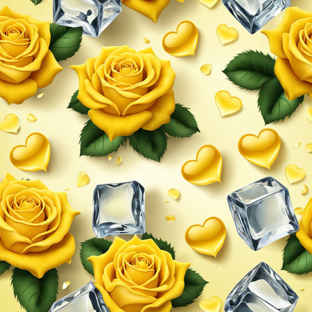 The falling ice cubes are surrounded by yellow rose petals and hearts on a light yellow backgroundの素材