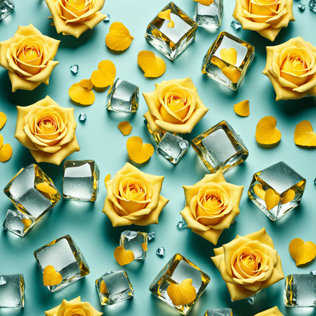 The falling ice cubes are surrounded by yellow rose petals and hearts on a light Blue backgroundの素材