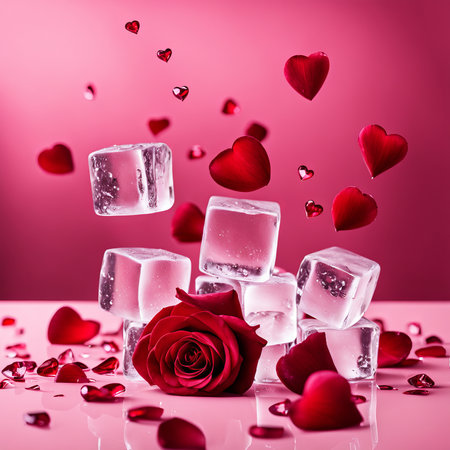 The falling ice cubes are surrounded by red rose petals and hearts on a light pink backgroundの素材