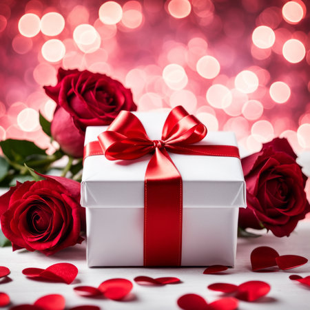 A white gift box with a red bow is framed by red roses and bokeh. Happy Valentine's Day, Mother's Day, 8 March, and Women's Dayの素材