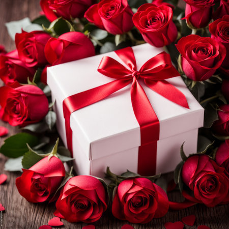 A white gift box with a red bow is framed by red roses and bokeh. Happy Valentine's Day, Mother's Day, 8 March, and Women's Dayの素材