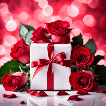 A white gift box with a red bow is framed by red roses and bokeh. Happy Valentine's Day, Mother's Day, 8 March, and Women's Dayの素材