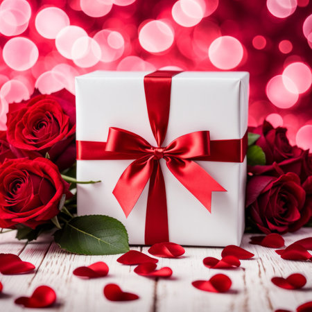 A white gift box with a red bow is framed by red roses and bokeh. Happy Valentine's Day, Mother's Day, 8 March, and Women's Dayの素材