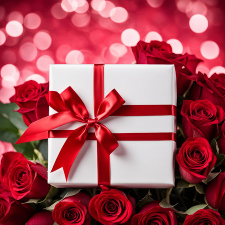 A white gift box with a red bow is framed by red roses and bokeh. Happy Valentine's Day, Mother's Day, 8 March, and Women's Dayの素材