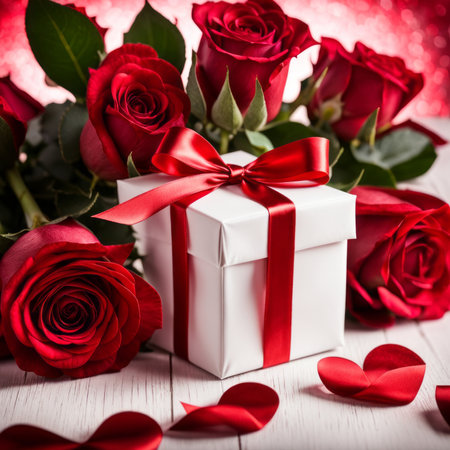 A white gift box with a red bow is framed by red roses and bokeh. Happy Valentine's Day, Mother's Day, 8 March, and Women's Dayの素材