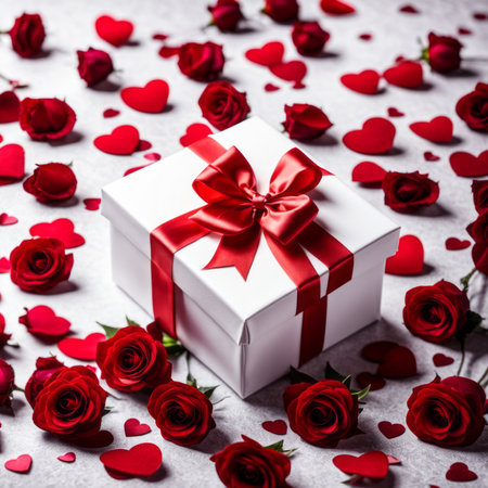 A white gift box with a red bow is framed by red roses and bokeh. Happy Valentine's Day, Mother's Day, 8 March, and Women's Dayの素材