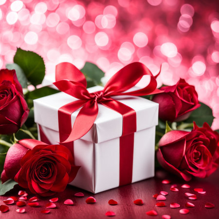 A white gift box with a red bow is framed by red roses and bokeh. Happy Valentine's Day, Mother's Day, 8 March, and Women's Day