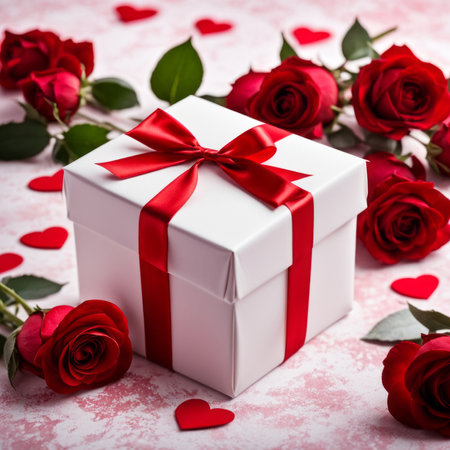 A white gift box with a red bow is framed by red roses and bokeh. Happy Valentine's Day, Mother's Day, 8 March, and Women's Dayの素材