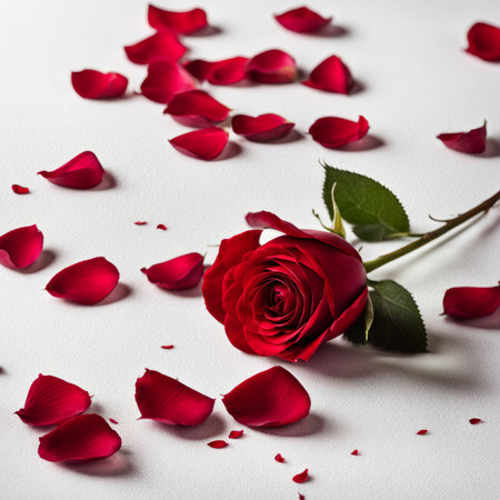 Rose and Petals on white bed in hotel room. Decorative elements for interiorsの素材