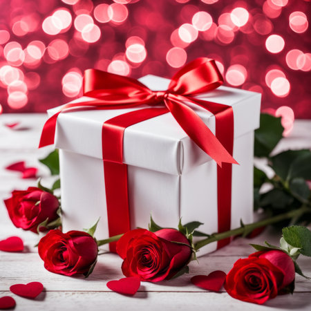 A white gift box with a red bow is framed by red roses and bokeh. Happy Valentine's Day, Mother's Day, 8 March, and Women's Dayの素材