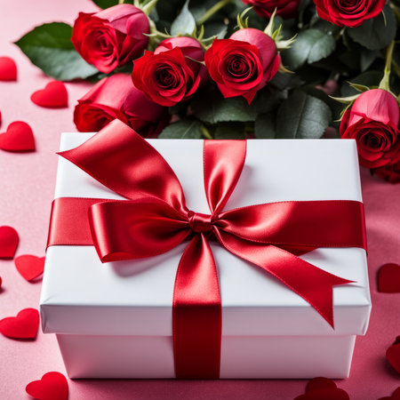 A white gift box with a red bow is framed by red roses and bokeh. Happy Valentine's Day, Mother's Day, 8 March, and Women's Dayの素材