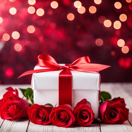 A white gift box with a red bow is framed by red roses and bokeh. Happy Valentine's Day, Mother's Day, 8 March, and Women's Dayの素材