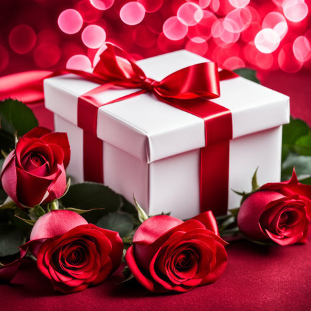 A white gift box with a red bow is framed by red roses and bokeh. Happy Valentine's Day, Mother's Day, 8 March, and Women's Dayの素材
