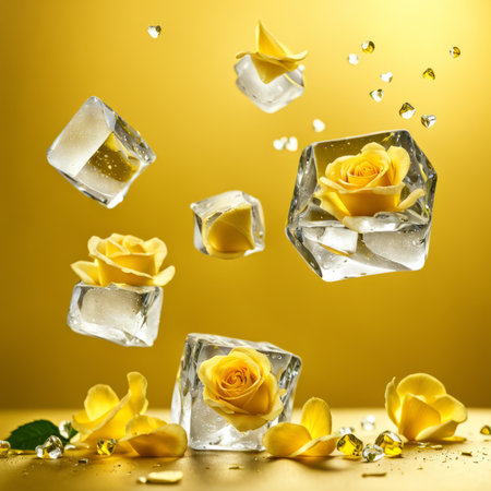 The falling ice cubes are surrounded by yellow rose petals and hearts on a light yellow backgroundの素材