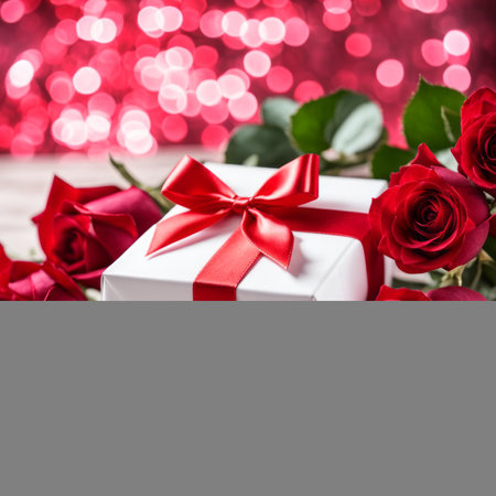 A white gift box with a red bow is framed by red roses and bokeh. Happy Valentine's Day, Mother's Day, 8 March, and Women's Dayの素材