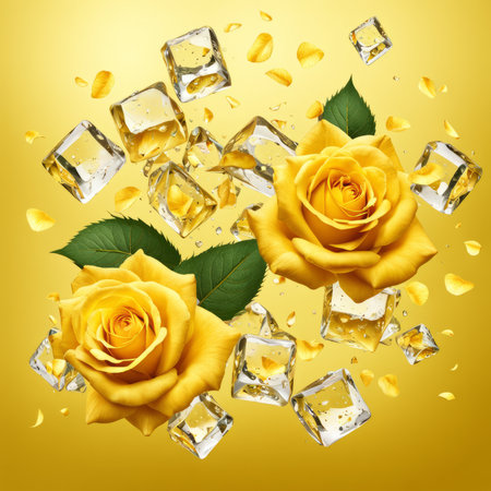 The falling ice cubes are surrounded by yellow rose petals and hearts on a light yellow backgroundの素材