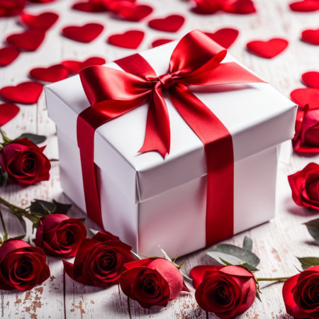 A white gift box with a red bow is framed by red roses and bokeh. Happy Valentine's Day, Mother's Day, 8 March, and Women's Dayの素材