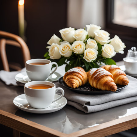 A bouquet of white roses, a cup of tea and croissants are displayed on a tray on a table against a blurry background of a restaurant. A romantic breakfast surprise.の素材
