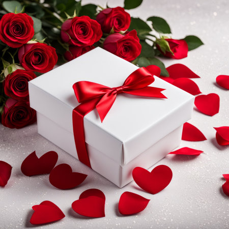 A white gift box with a red bow is framed by red roses and bokeh. Happy Valentine's Day, Mother's Day, 8 March, and Women's Dayの素材