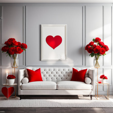 A heart-shaped red rose on a wall for Valentine's Day. Interior home decor black sofa with red cushions.の素材