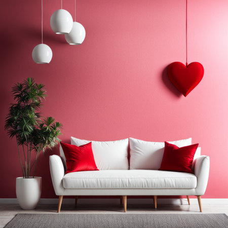 A heart-shaped red rose on a wall for Valentine's Day. Interior home decor black sofa with red cushions.の素材