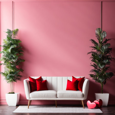 A heart-shaped red rose on a wall for Valentine's Day. Interior home decor black sofa with red cushions.の素材