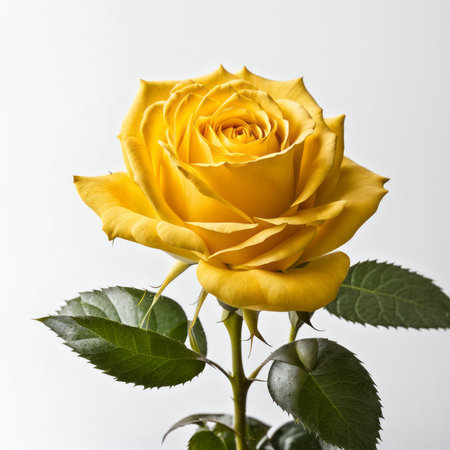 Yellow rose with reflection on white background.の素材