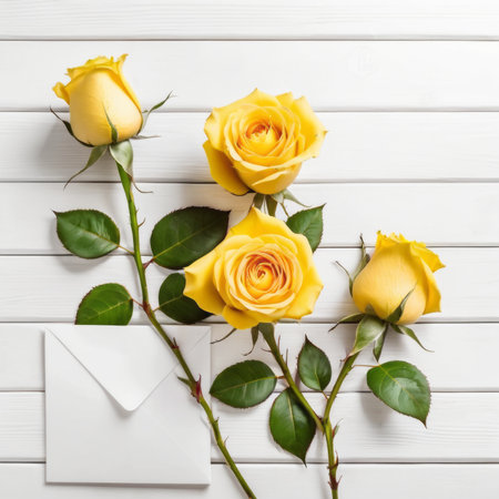 Three Yellow rose flowers over white wood background. Romantic greeting card for Valentine's Day.の素材