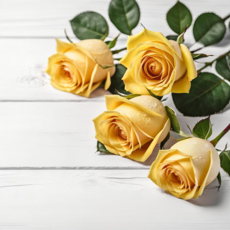 Three Yellow rose flowers over white wood background. Romantic greeting card for Valentine's Day.の素材