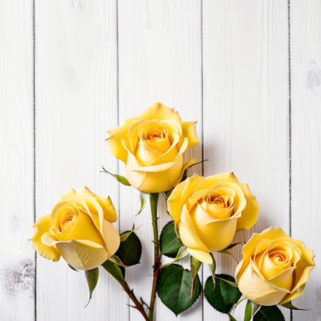 Three Yellow rose flowers over white wood background. Romantic greeting card for Valentine's Day.の素材