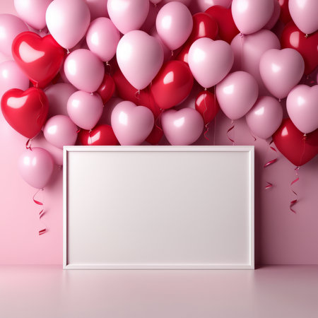 Pink Heart balloon levitated, floating on red background with empty poster.の素材