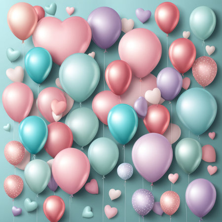 Set of round helium balloons in soft pastel colors, Festive decorative element in realistic 3d design. Decor for Valentine's day, wedding and birthdayの素材