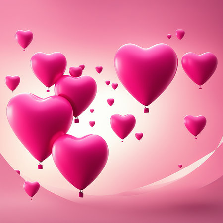 Pink Heart balloon levitated, floating on red background with empty poster.の素材
