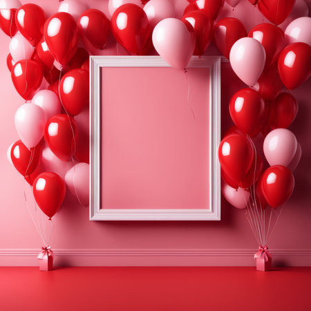 Red Heart balloon levitated, floating on red background with empty poster.の素材