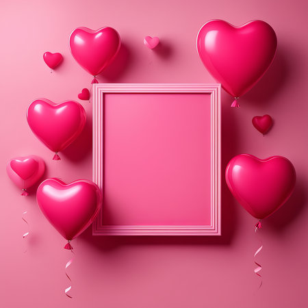 Pink Heart balloon levitated, floating on red background with empty poster.の素材