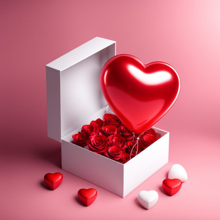 Happy valentines day decoration with opened gift box and heart shape balloon on pink backgroundの素材