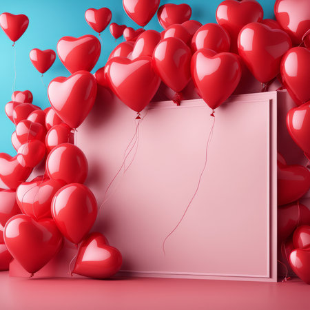 Red Heart balloon levitated, floating on red background with empty poster.の素材