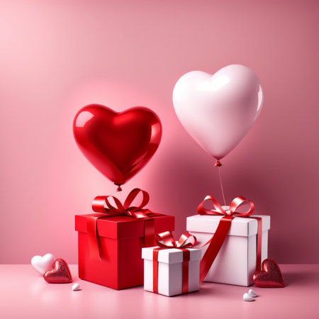 Happy valentines day decoration with Red and white color Heart shaped balloons and gift boxes on pink backgroundの素材