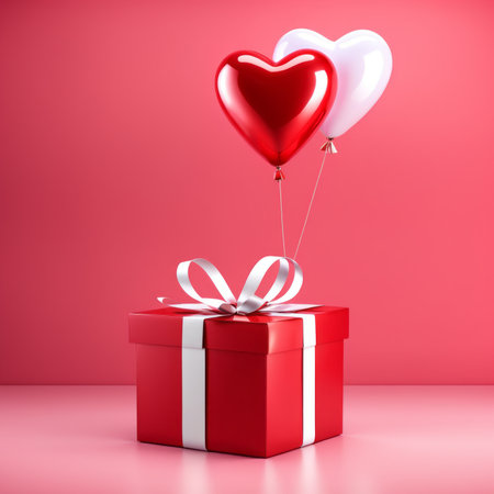 Happy valentines day decoration with Red and white color Heart shaped balloons and gift boxes on pink backgroundの素材