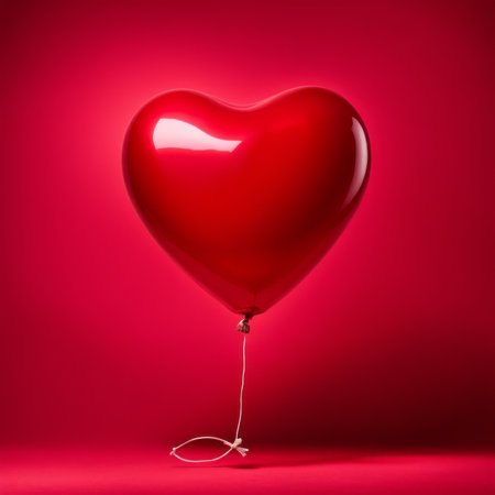 Red color Heart shaped balloon isolated on red backgroundの素材