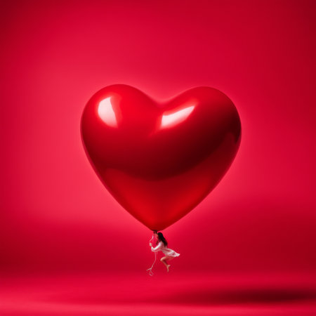 Red color Heart shaped balloon isolated on red backgroundの素材